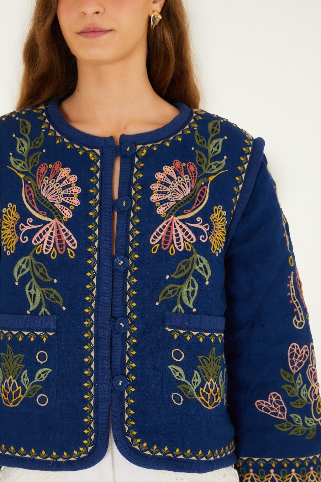 Dark Blue Embroidered Pockets Richelieu Jacket