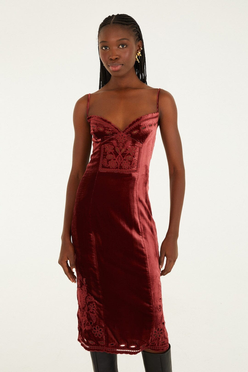 Burgundy Cut-Out Flowers Sleeveless Midi Dress