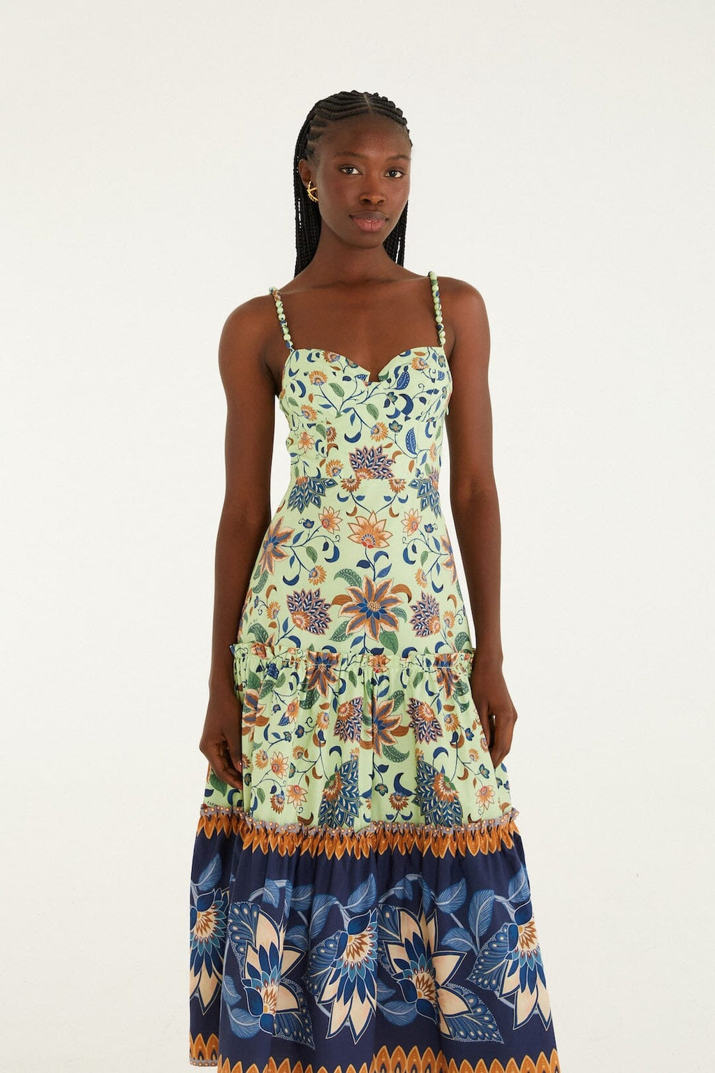 Green Floral Delhi Tapestry Beaded Straps Midi Dress