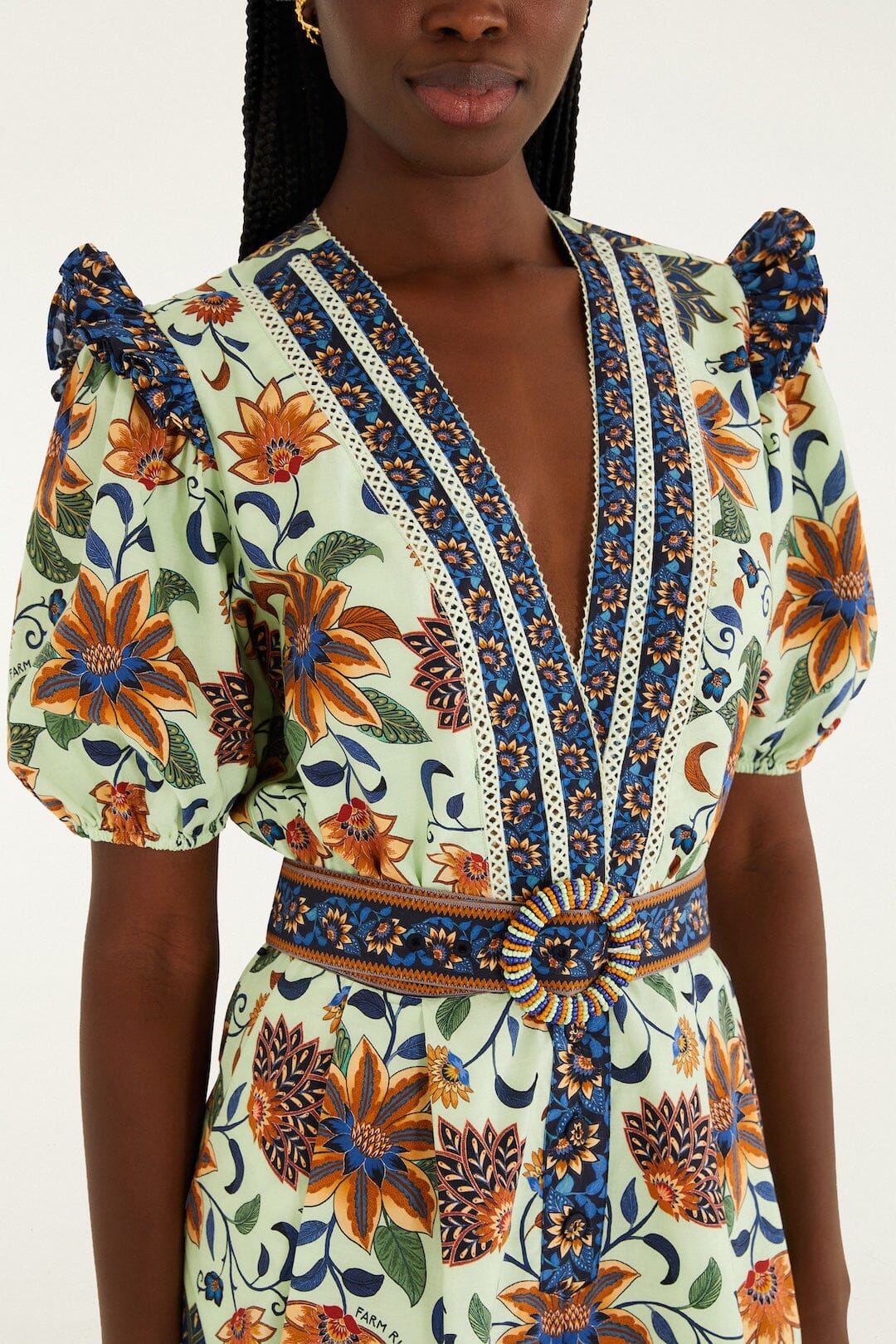 Light Green Floral Delhi Tapestry Belted Organic Cotton Romper