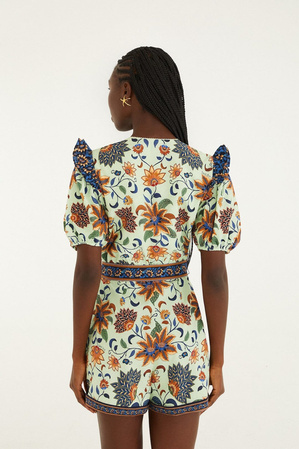 Light Green Floral Delhi Tapestry Belted Organic Cotton Romper