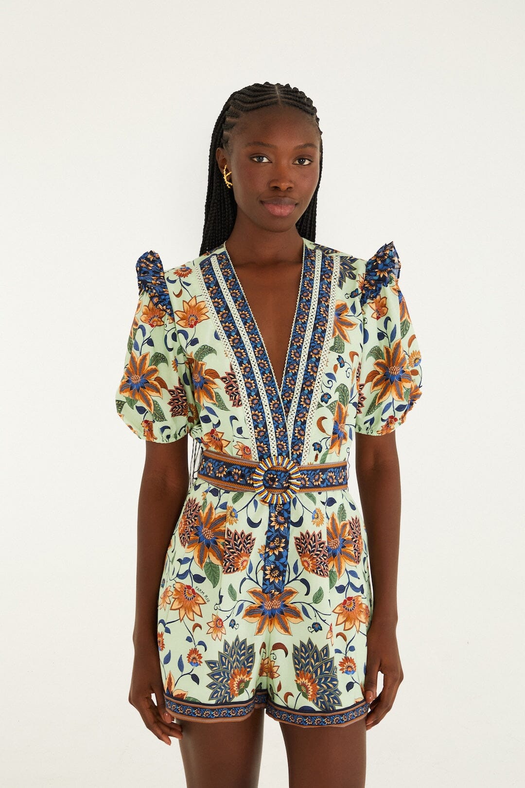 Light Green Floral Delhi Tapestry Belted Organic Cotton Romper