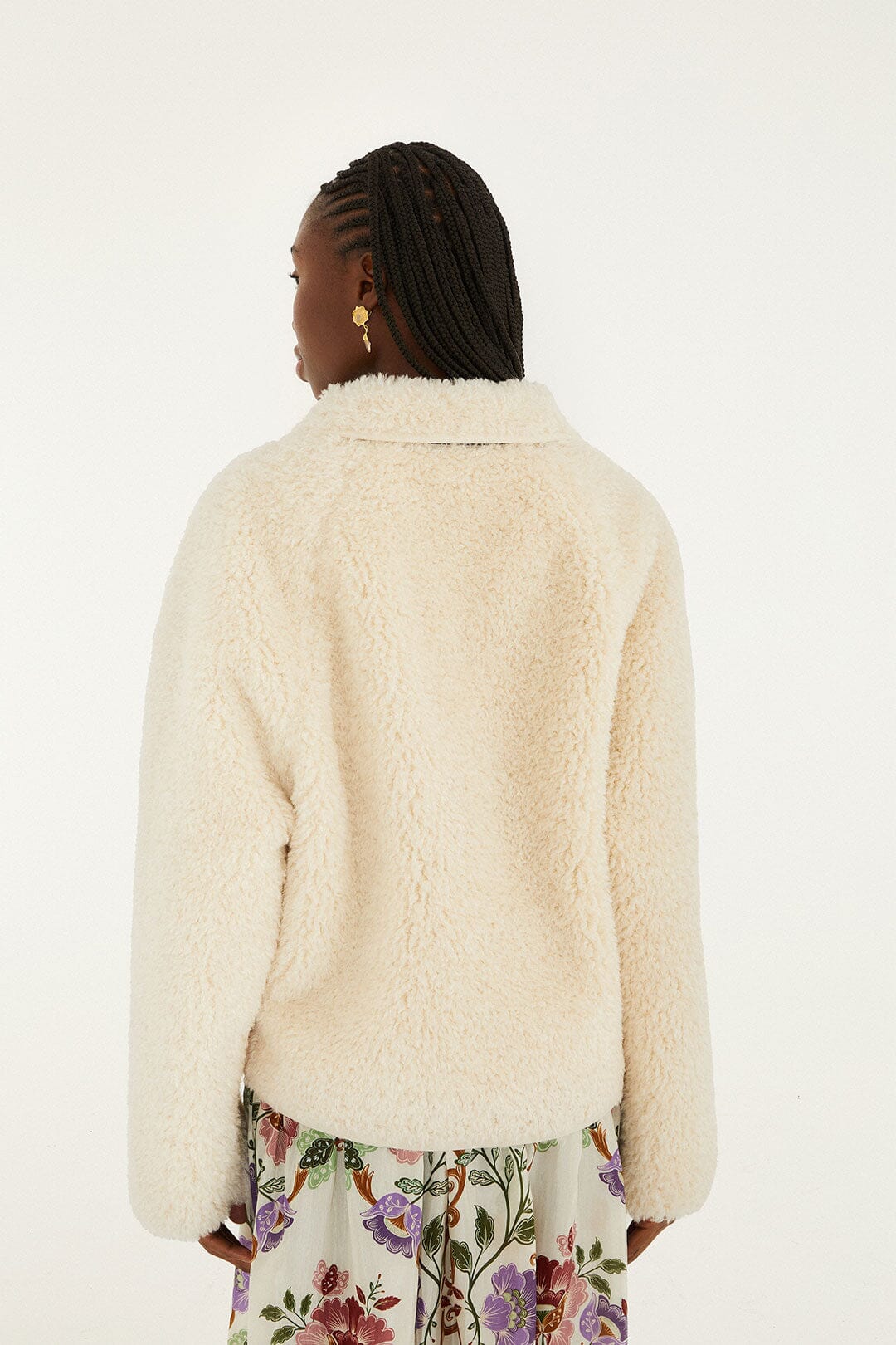 Cream Rococo Flowers Bomber Fleece Jacket