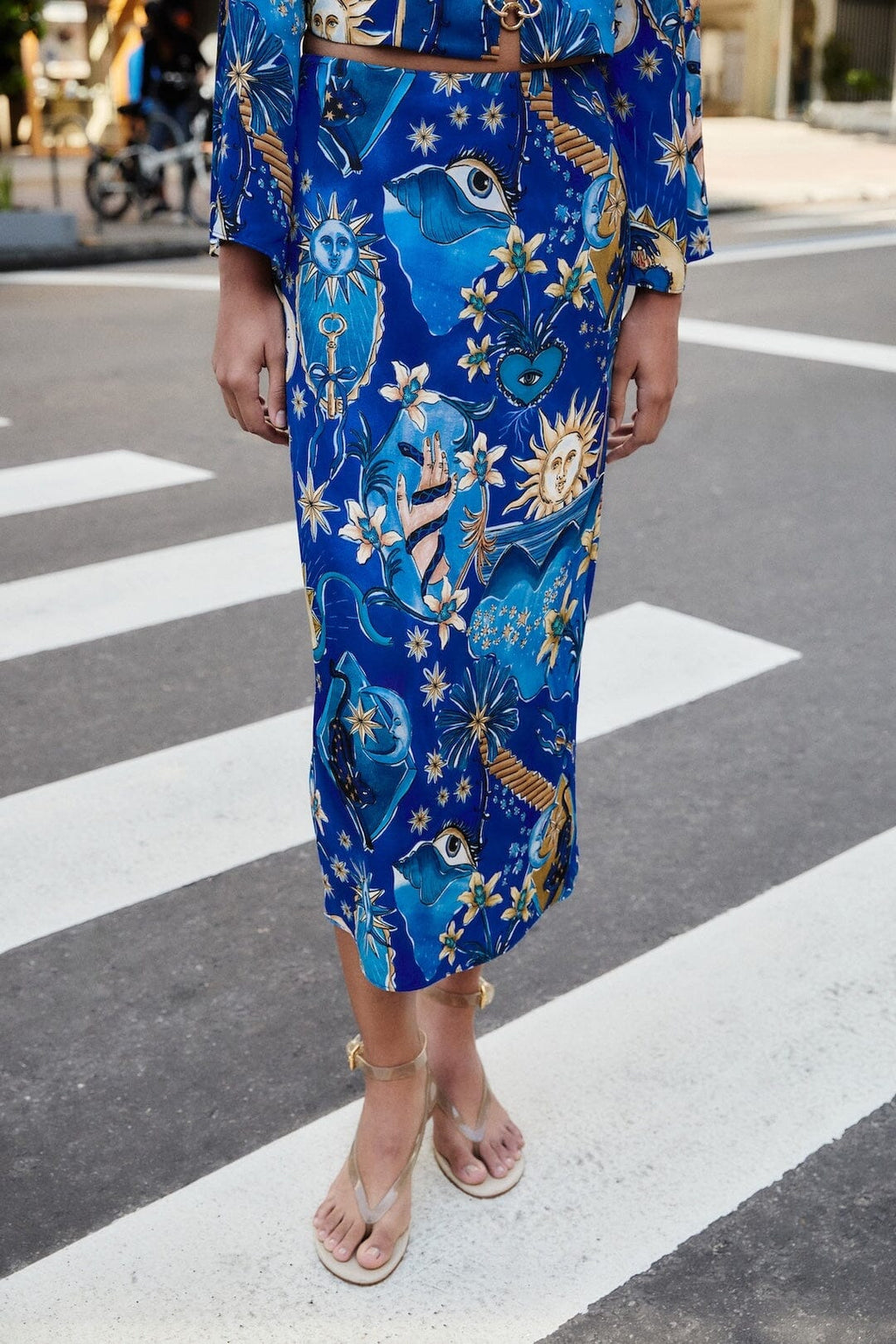 Blue Mystical Front Cut-Out Crop Blouse and Skirt Set