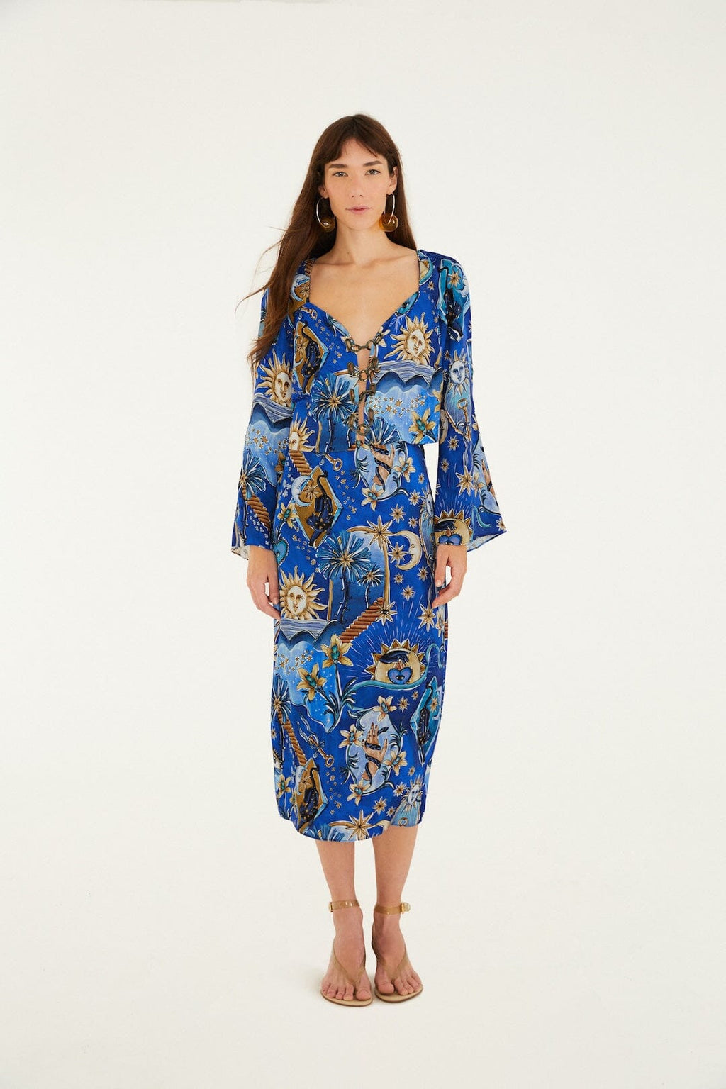 Blue Mystical Front Cut-Out Crop Blouse and Skirt Set