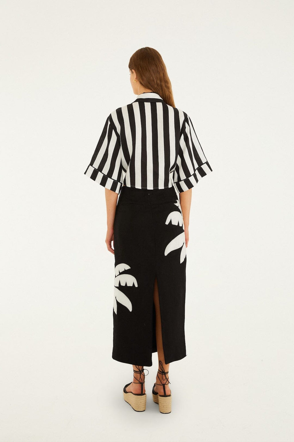 Black Embroidered Palm Tree Euroflax™ Premium Linen Maxi Skirt