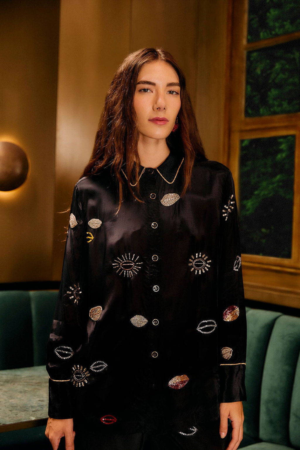 Black Beaded Kisses Buttoned Pajama Shirt