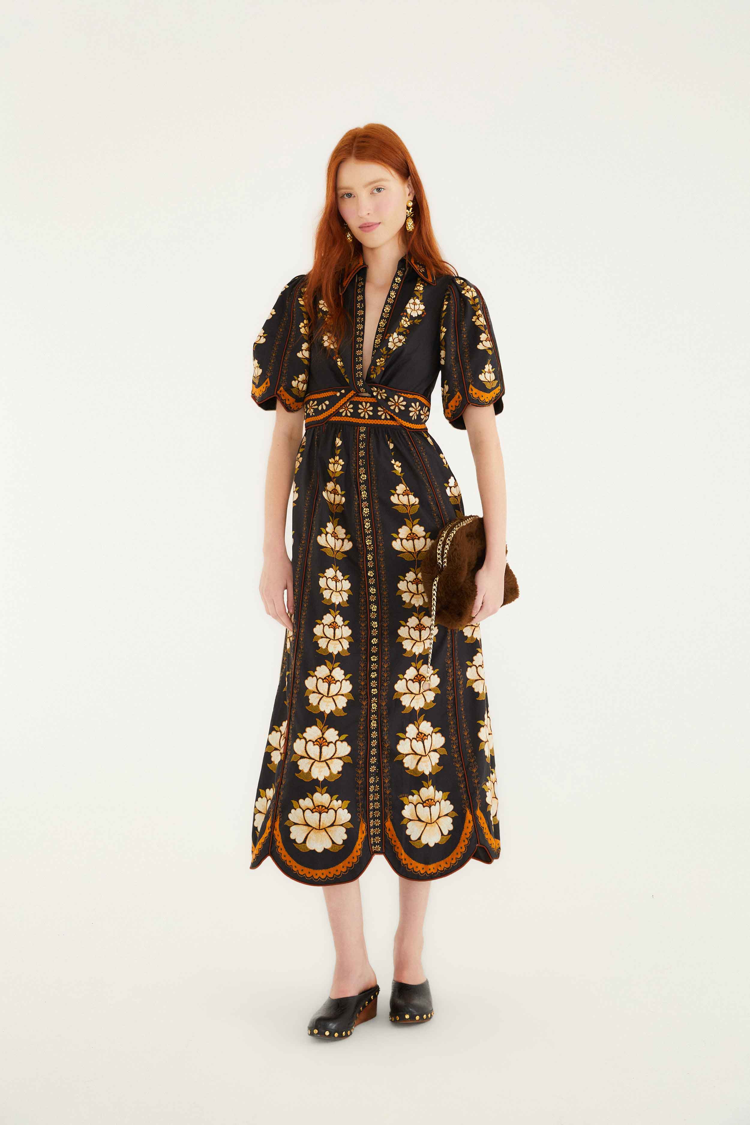Black Bold Flowers Organic Cotton Midi Dress