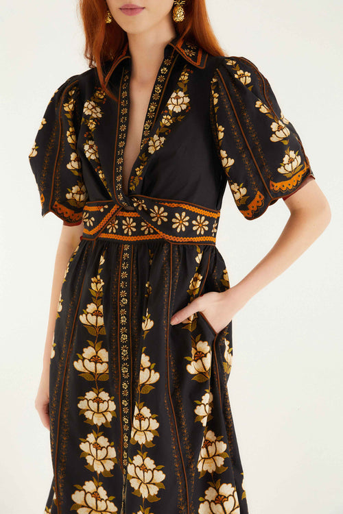 Black Bold Flowers Organic Cotton Midi Dress