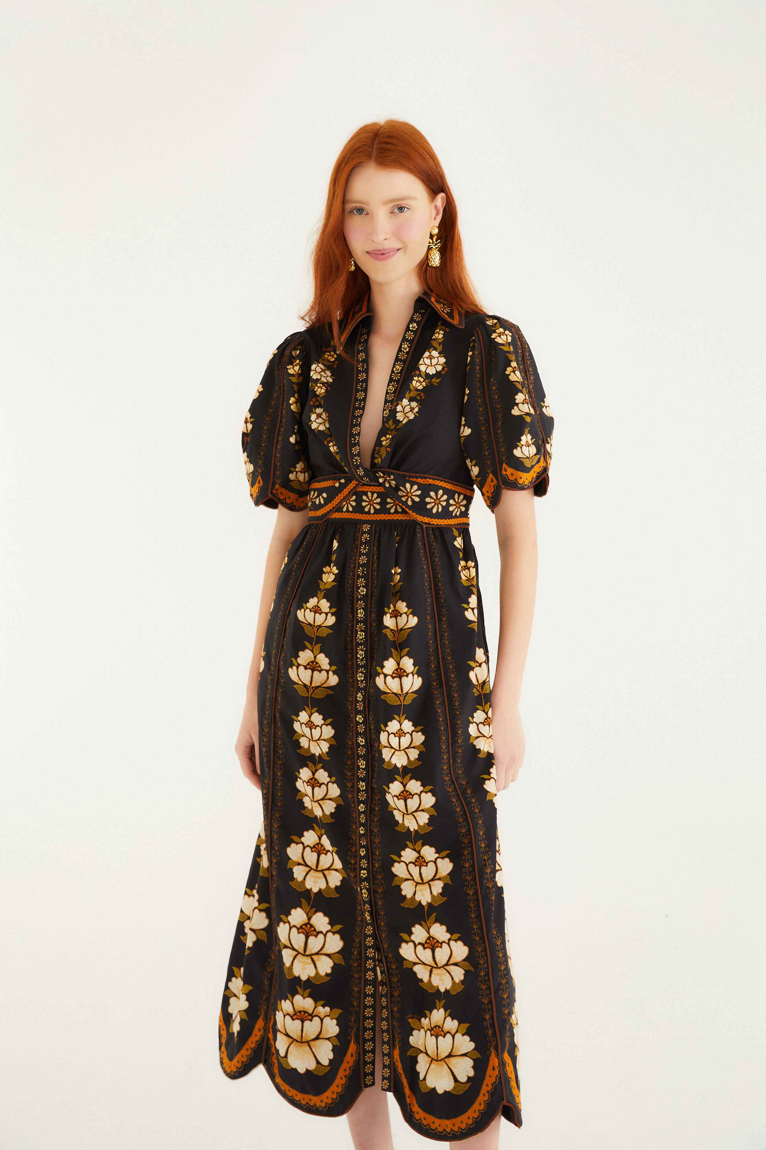 Black Bold Flowers Organic Cotton Midi Dress