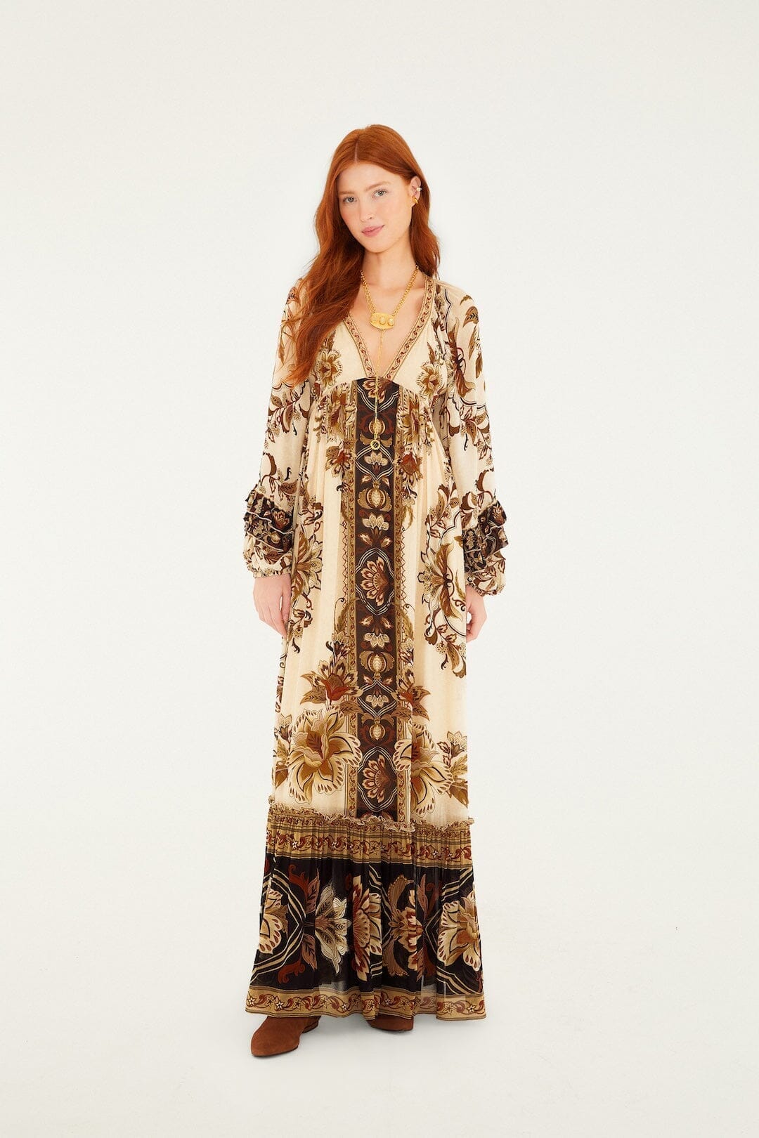 Sand Majestic Garden Ruffled Maxi Dress