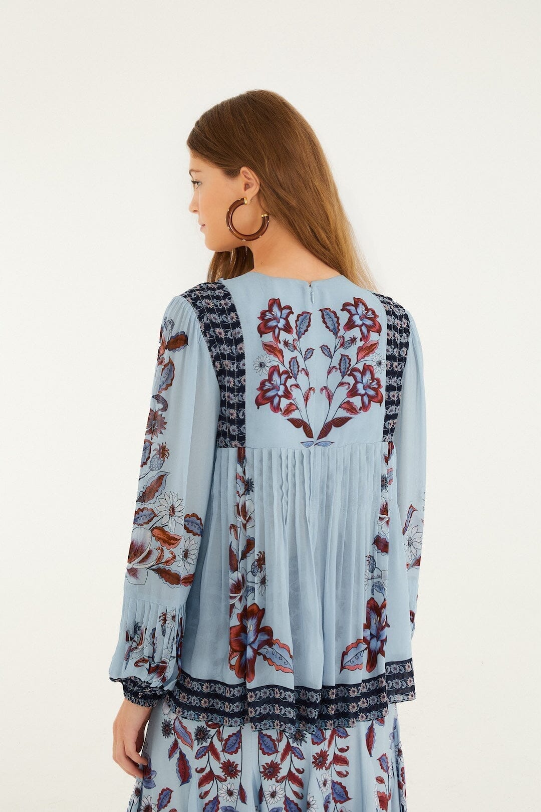 Soft Blue Marcelle Crochet Buttons Pleated Blouse