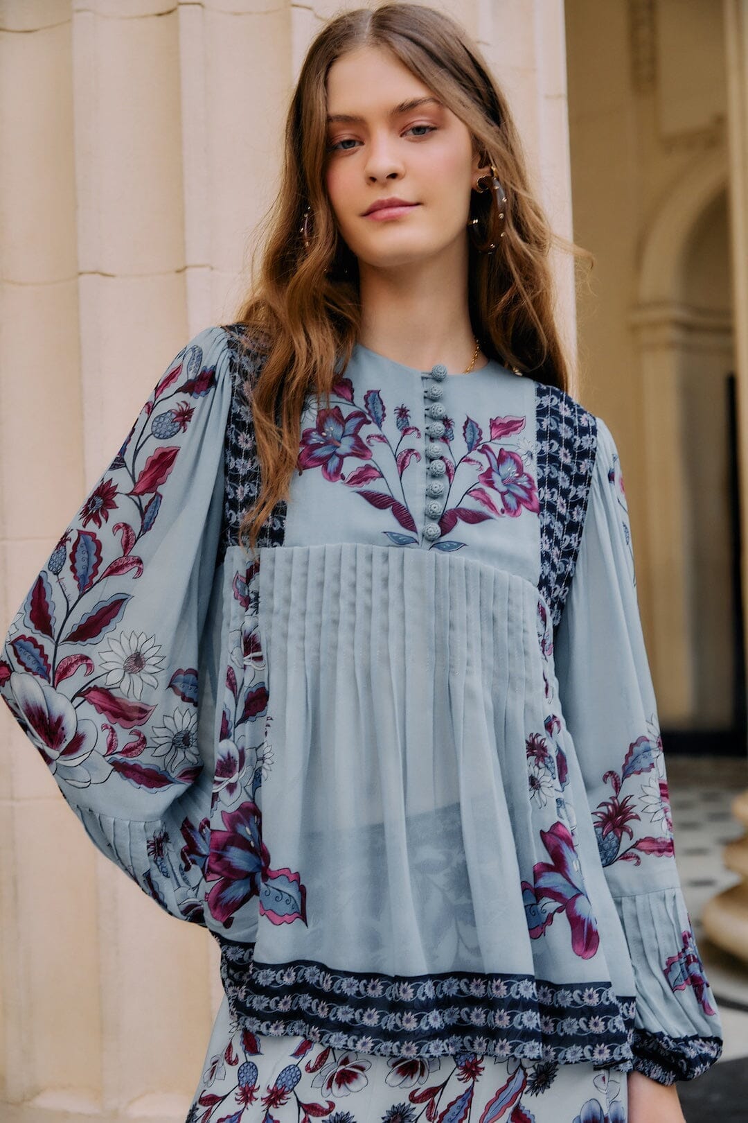 Soft Blue Marcelle Crochet Buttons Pleated Blouse