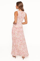 Mena Pleated Maxi Skirt - Blurred Pink Floral