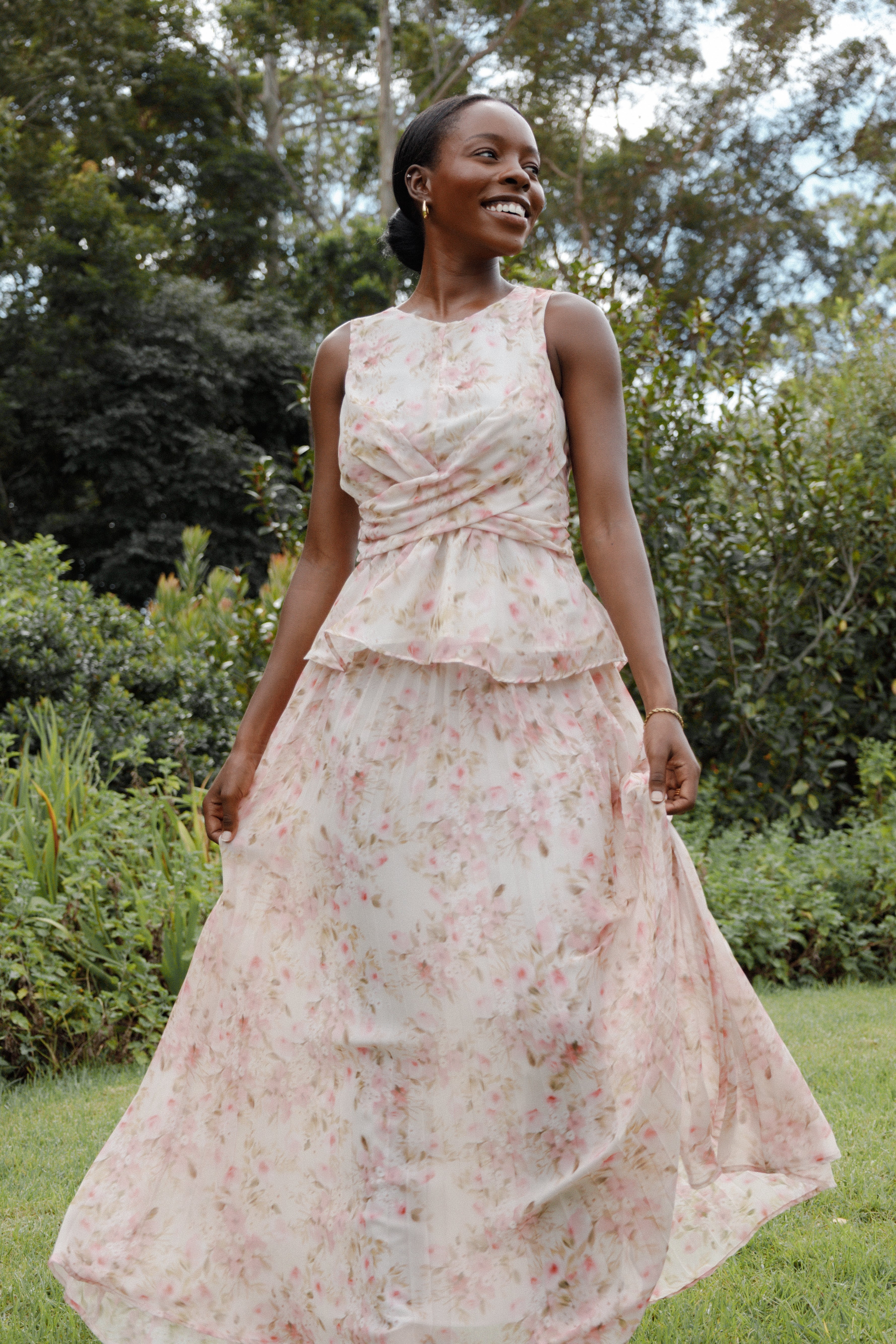 Mena Pleated Maxi Skirt - Blurred Pink Floral