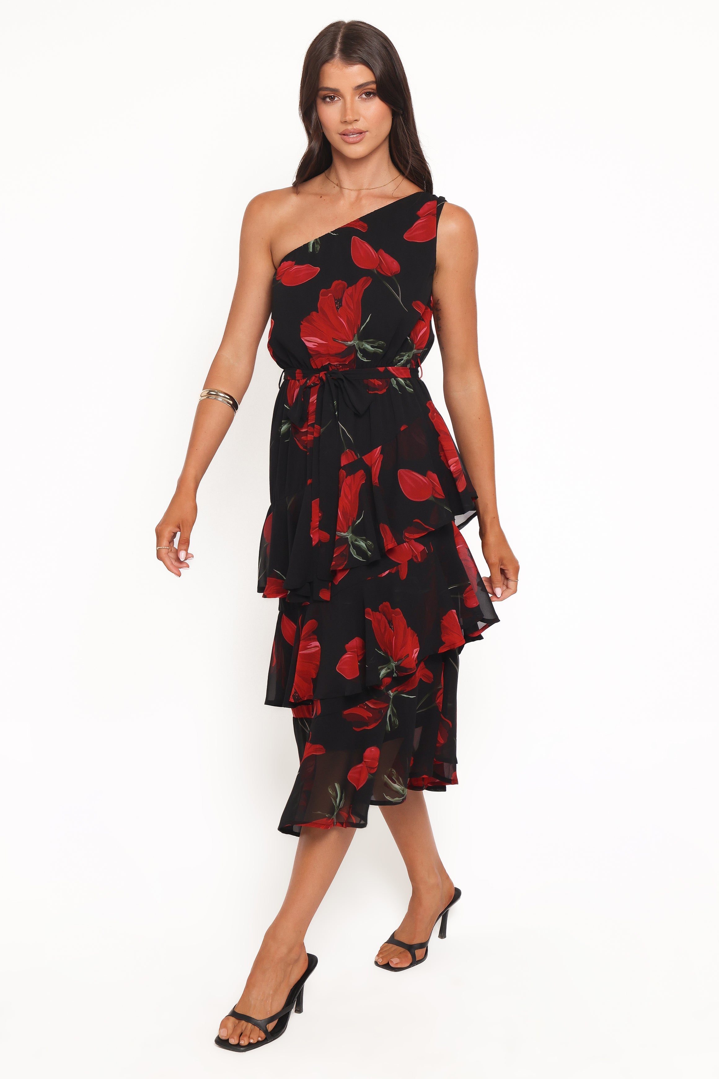 Brigette One Shoulder Tiered Midi Dress - Red Floral