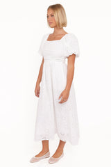 Clo Puff Sleeve Midi Dress - White Broderie