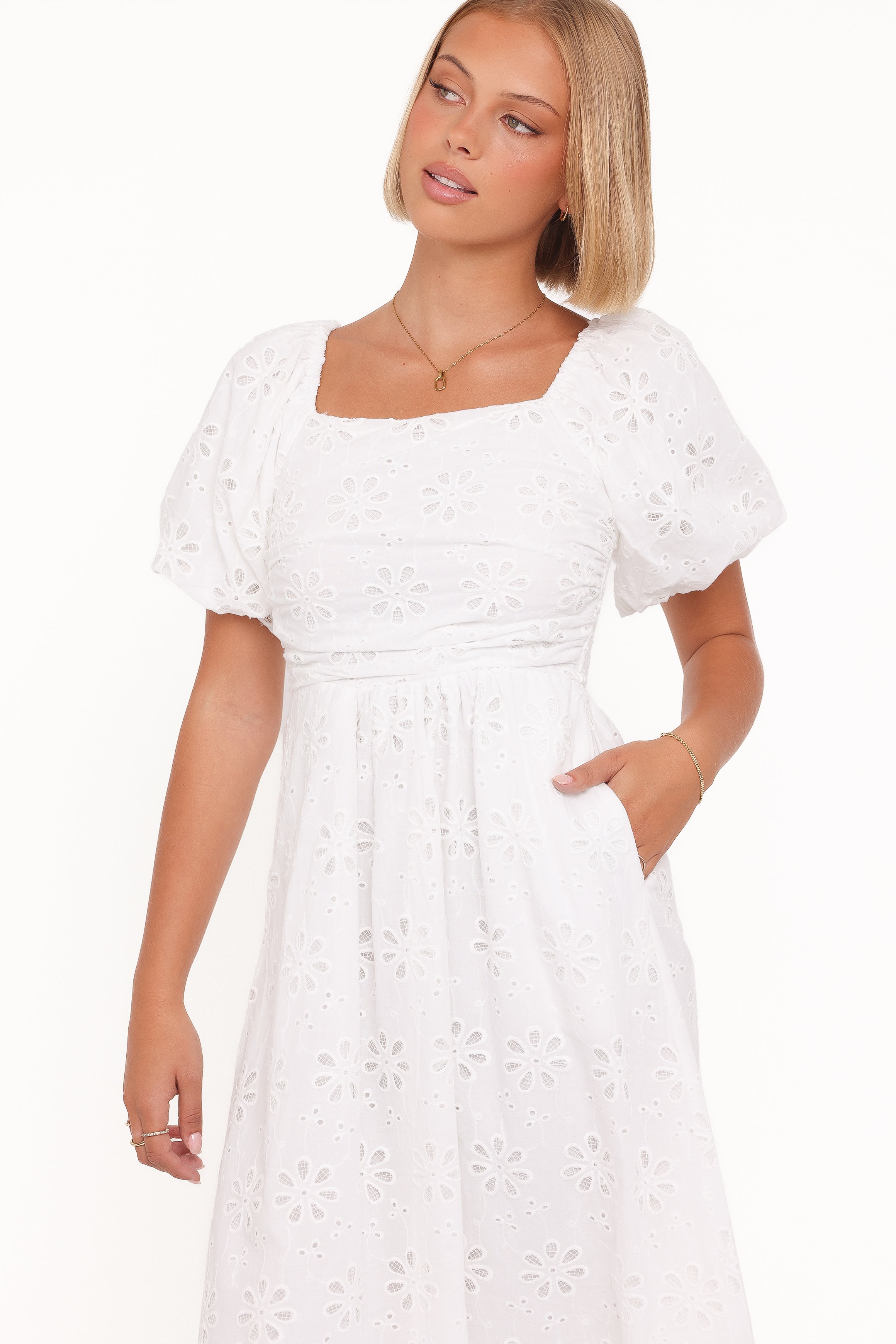 Clo Puff Sleeve Midi Dress - White Broderie
