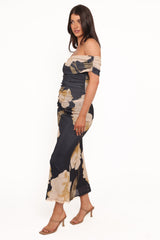 Koda Off Shoulder Midi Dress - Black Floral