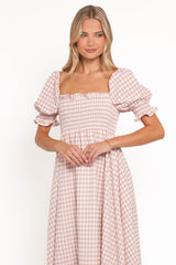 Siun Short Sleeve Midi Dress - Brown Gingham