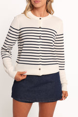 Gavi Button Front Striped Cardigan - Off White/Navy