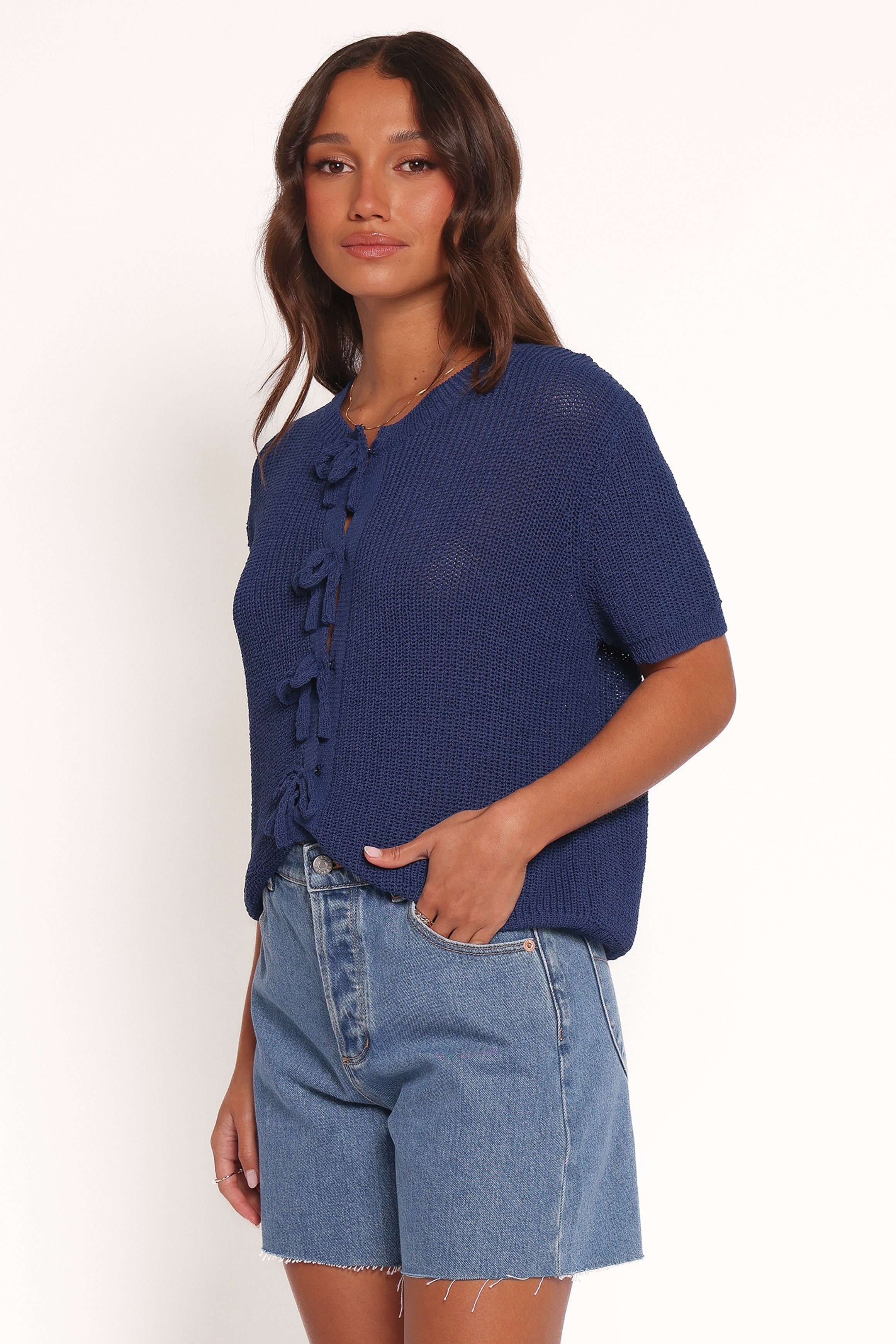 Gemma Short Sleeve Bow Cardigan - Navy