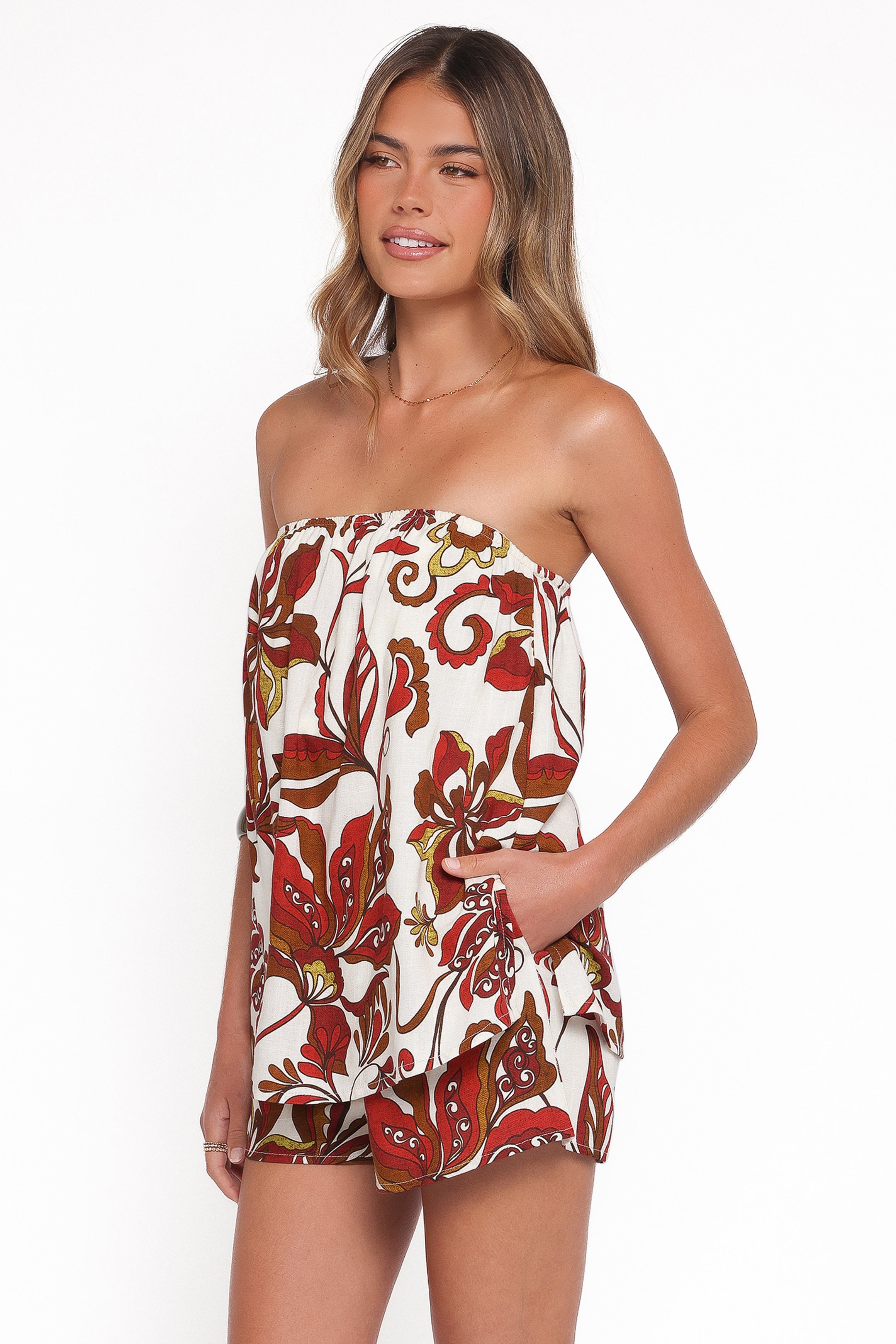 Sallie Strapless Romper - Brown Floral