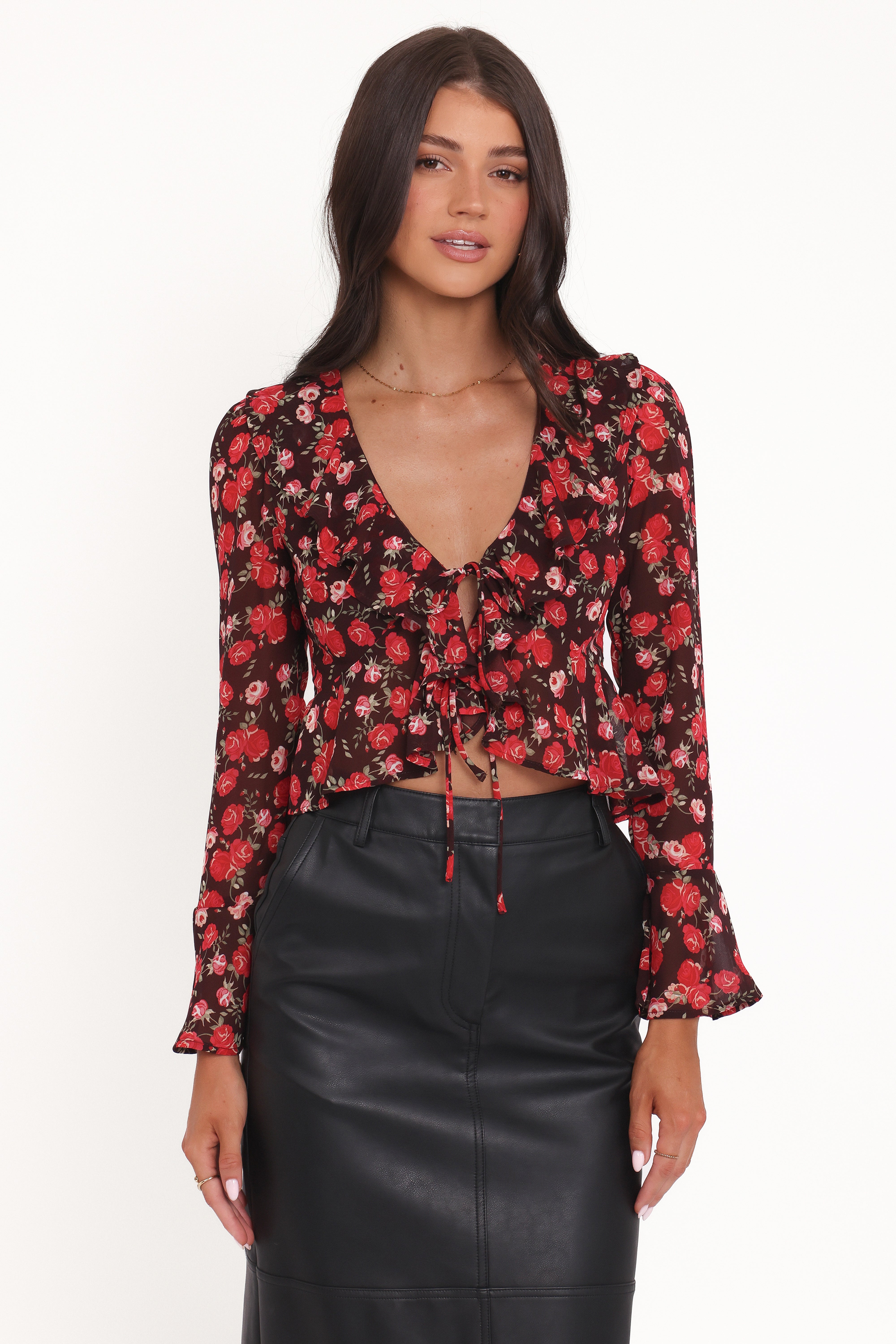 Aveline Chiffon Ruffle Front Top - Brown Floral