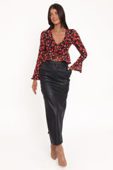 Aveline Chiffon Ruffle Front Top - Brown Floral
