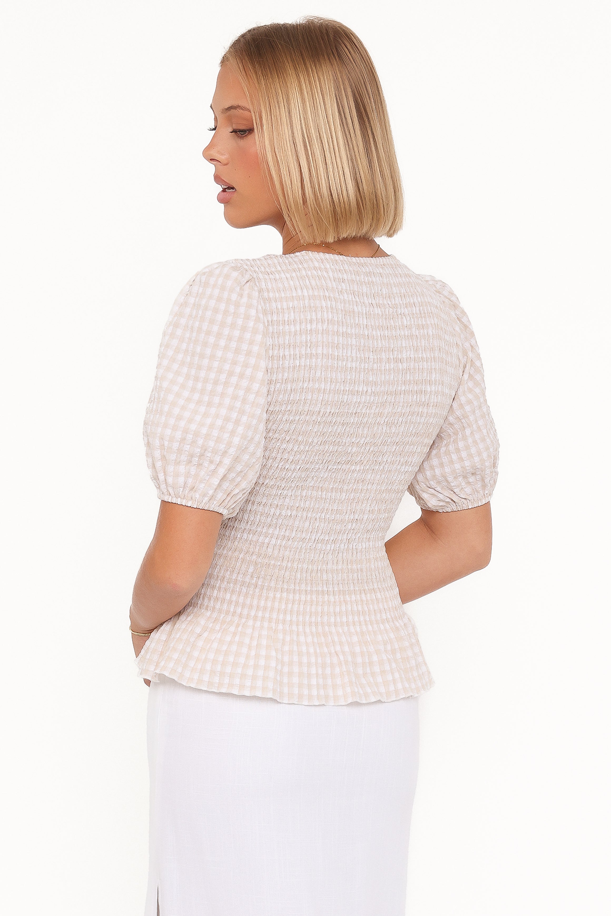 Callista Shirred Waist Top - Beige Gingham