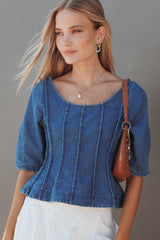 Saylor Denim Peplum Top - Blue Medium Wash